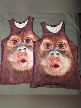 Lot of 2 Men's 3D Gorilla Face Print Tank Top Brown One Size